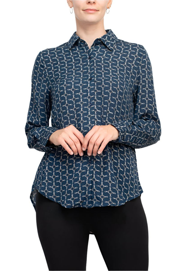 T Tahari collared 5 button closure cuffed long sleeve multi print chiffon shirt-0