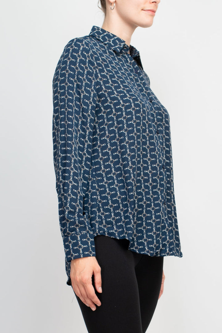 T Tahari collared 5 button closure cuffed long sleeve multi print chiffon shirt-1