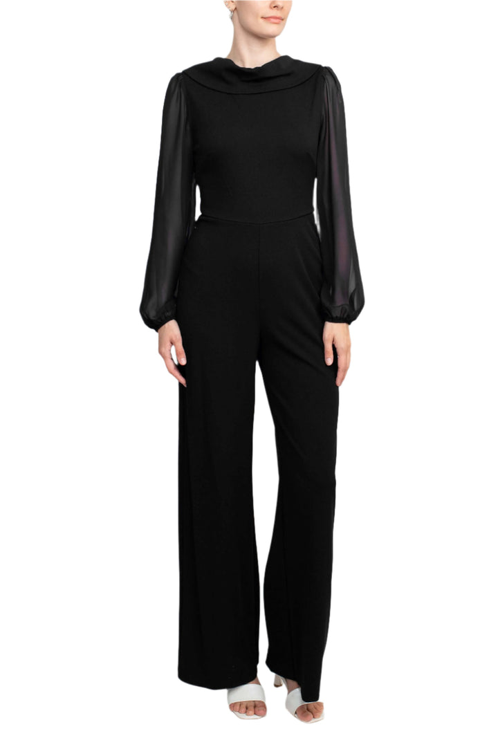 Connected Apparel Popover Neck Chiffon Long Sleeve Zipper Back Solid Jumpsuit-0