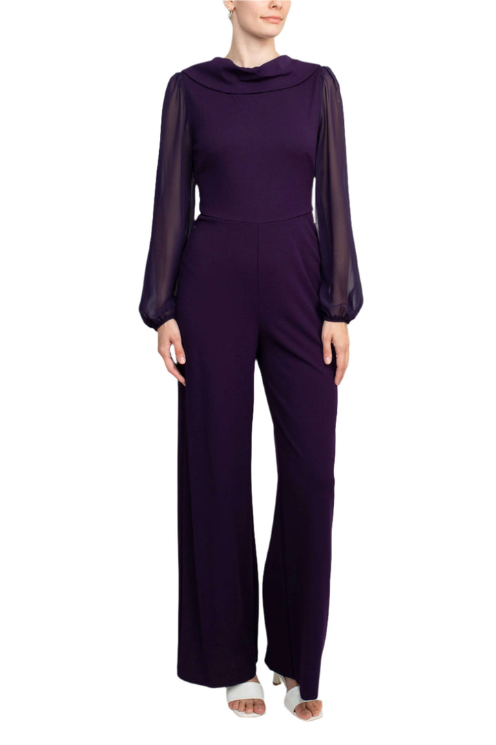 Connected Apparel Popover Neck Chiffon Long Sleeve Zipper Back Solid Jumpsuit-1