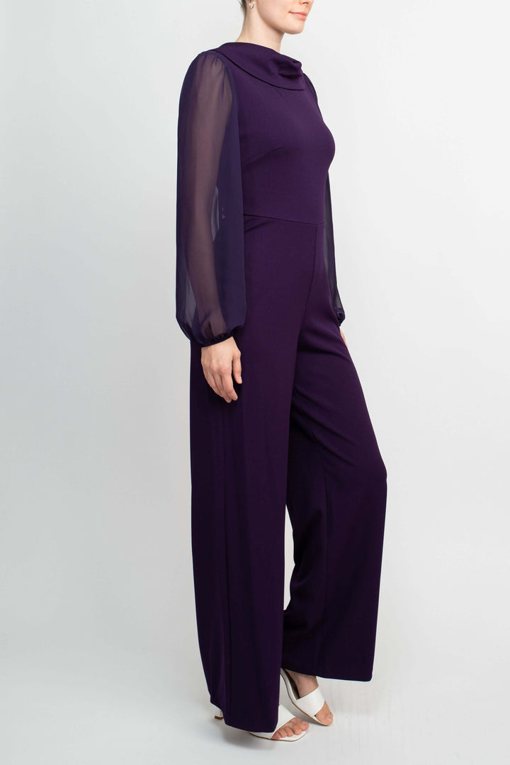 Connected Apparel Popover Neck Chiffon Long Sleeve Zipper Back Solid Jumpsuit-2