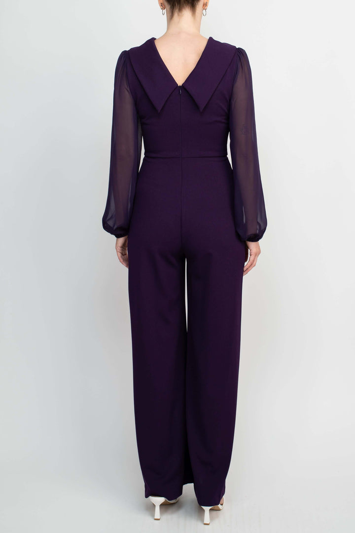 Connected Apparel Popover Neck Chiffon Long Sleeve Zipper Back Solid Jumpsuit-3
