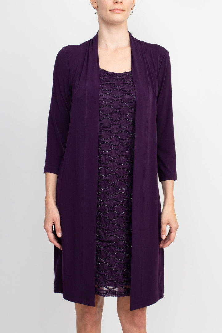 Connected Apparel Scoop Neckline 3/4 Sleeves Pull Over Short Metallic Knit Dress with Fixed Jacket-1