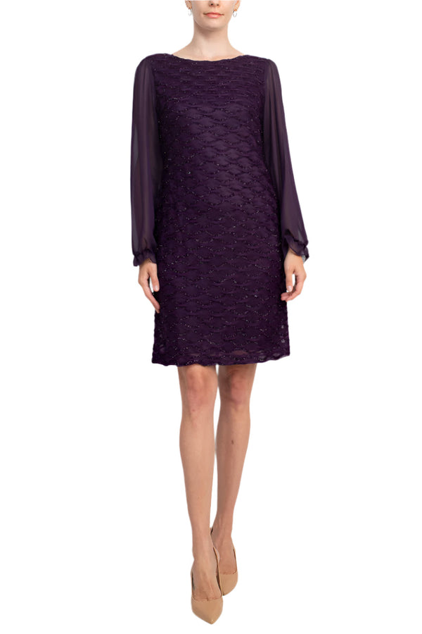 Connected Apparel Boat Neck Elastic Cuff Chiffon Sleeve Solid Dress-0