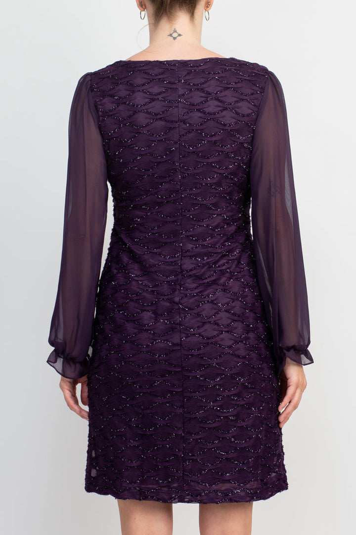Connected Apparel Boat Neck Elastic Cuff Chiffon Sleeve Solid Dress-3