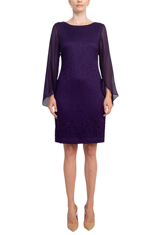 Connected Apparel Boat Neck Chiffon Long Sleeve Bodycon Embroidered Dress-0