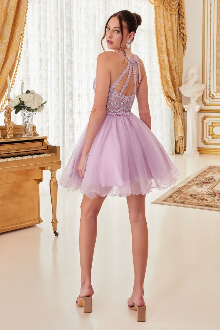 Layered Embellished Bodice Halter Neckline Detailed Back Cut Out Short Cocktail Dress CDUJ0119-1