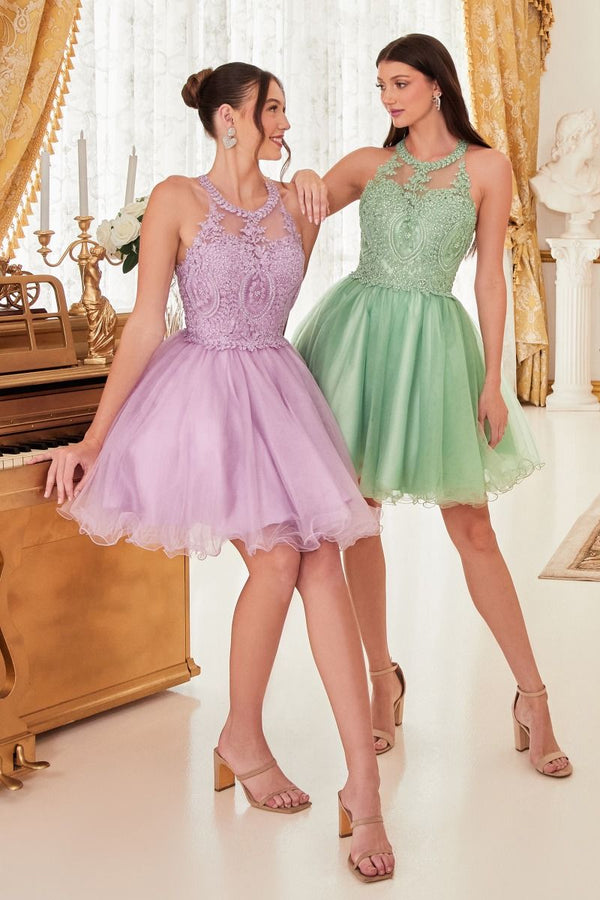 Layered Embellished Bodice Halter Neckline Detailed Back Cut Out Short Cocktail Dress CDUJ0119-0