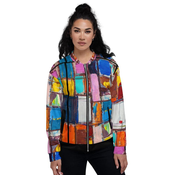 Womens Bomber Jacket - Abstract Multicolor Block Style-0