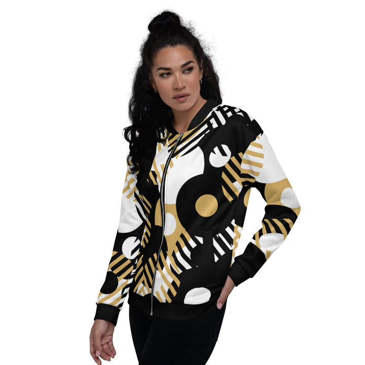 Womens Bomber Jacket - Black and Gold Geometric Style-3