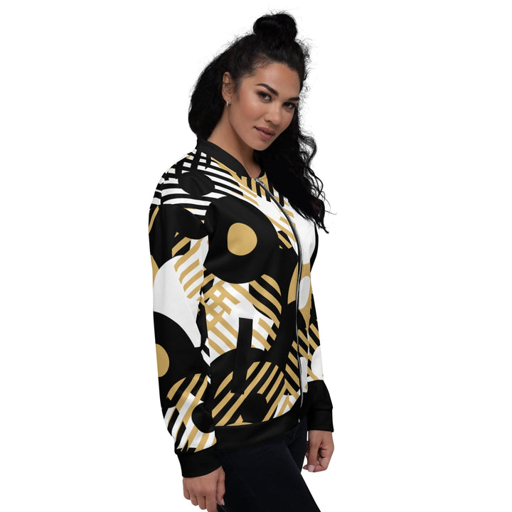 Womens Bomber Jacket - Black and Gold Geometric Style-2