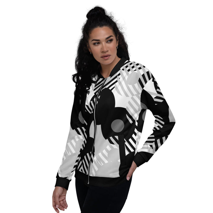 Womens Bomber Jacket - Black and Grey Geometric Style-3