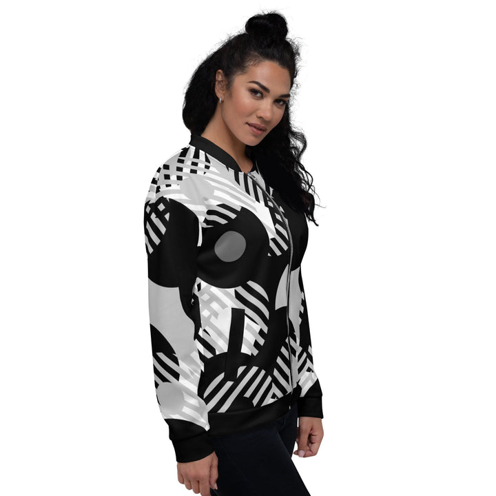 Womens Bomber Jacket - Black and Grey Geometric Style-2
