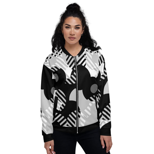 Womens Bomber Jacket - Black and Grey Geometric Style-0