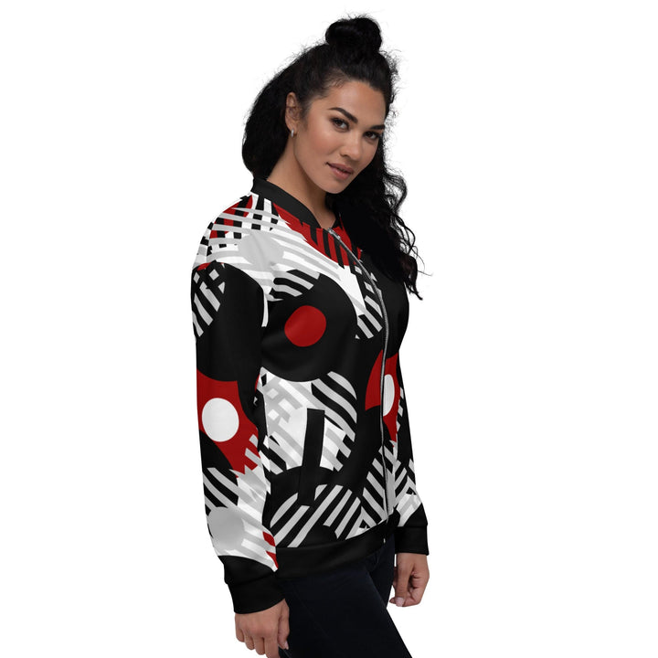 Womens Bomber Jacket - Black Red and Grey Geometric Style-2