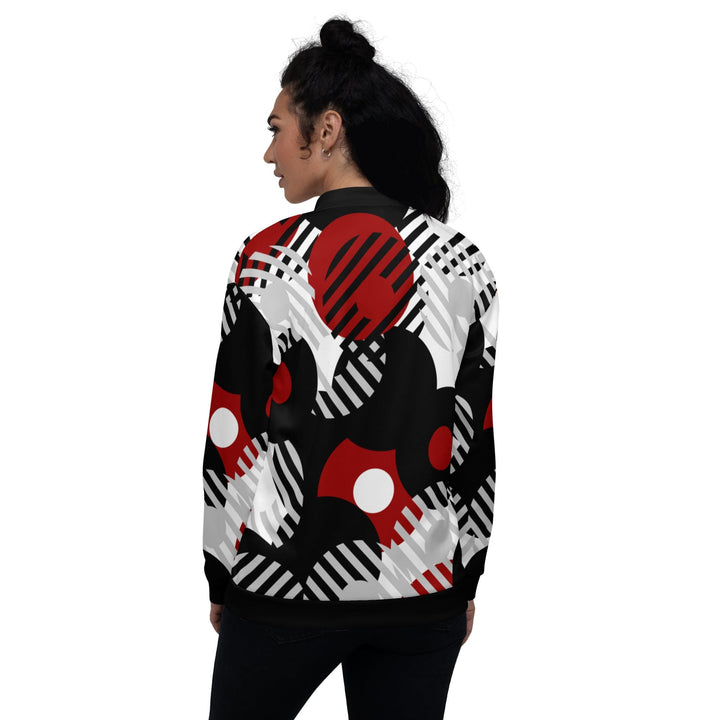 Womens Bomber Jacket - Black Red and Grey Geometric Style-1