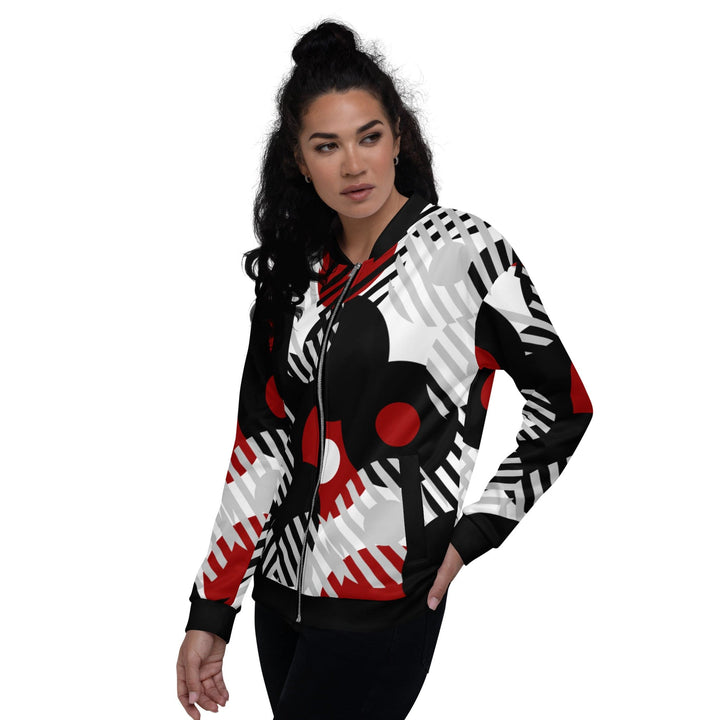 Womens Bomber Jacket - Black Red and Grey Geometric Style-3