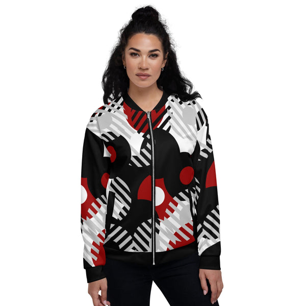 Womens Bomber Jacket - Black Red and Grey Geometric Style-0