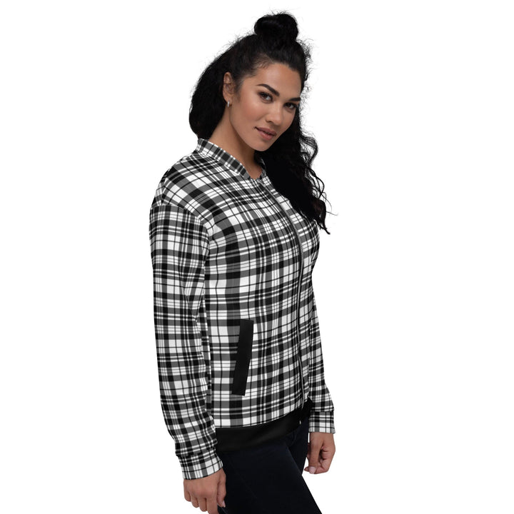 Womens Bomber Jacket - Black and White Plaid Style-2