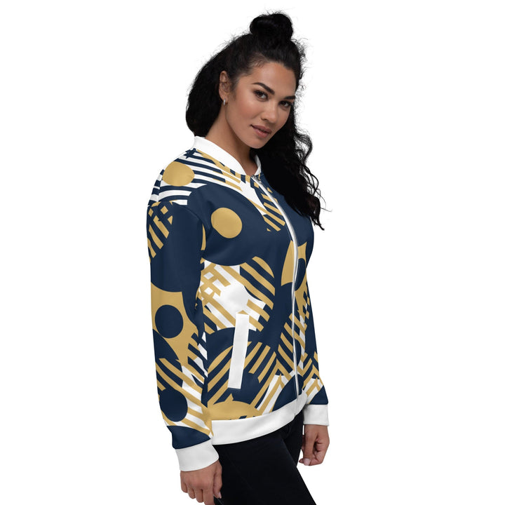 Womens Bomber Jacket - Blue and Gold Geometric Style-2