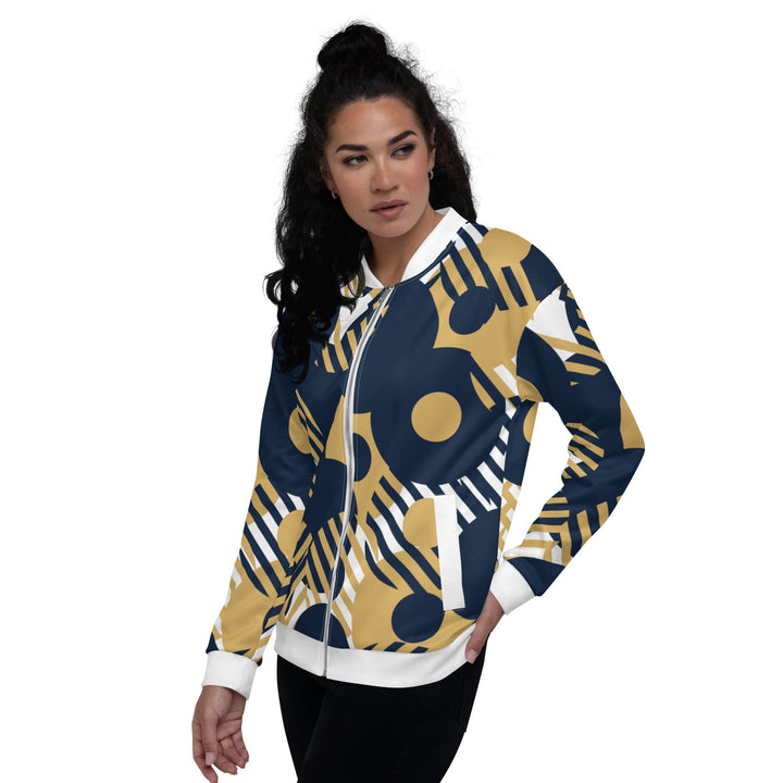 Womens Bomber Jacket - Blue and Gold Geometric Style-3