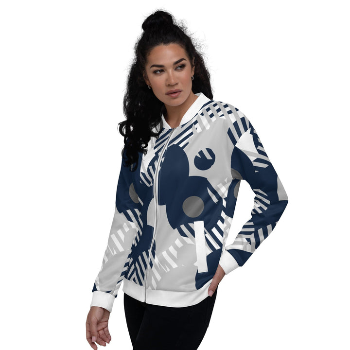 Womens Bomber Jacket - Blue and Grey Geometric Style-3
