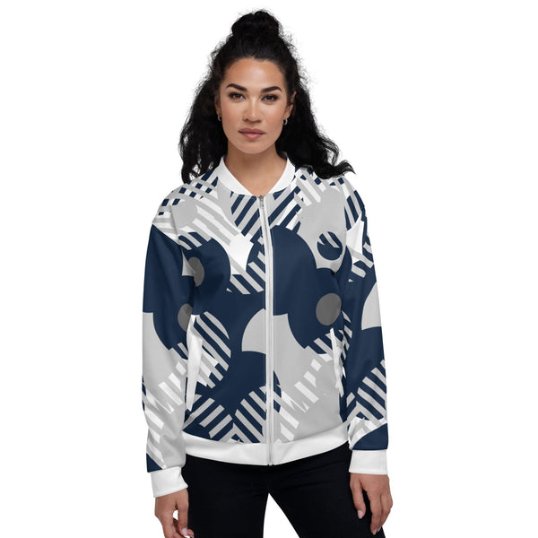 Womens Bomber Jacket - Blue and Grey Geometric Style-0