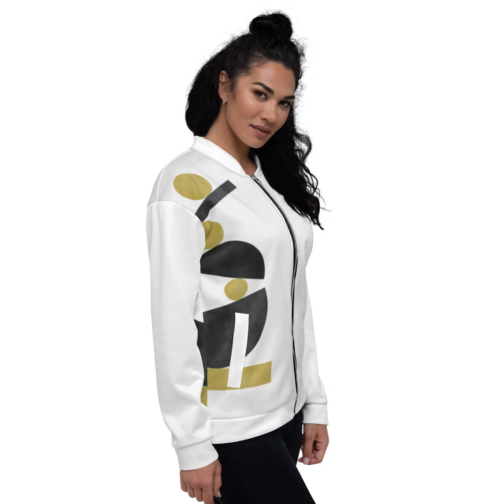 Womens Bomber Jacket - White and Gold Geometric Style-2