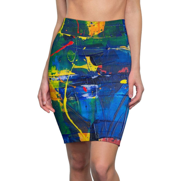 Womens Mini Skirt - High Waisted - Multicolor Abstract Pencil Skirt-0