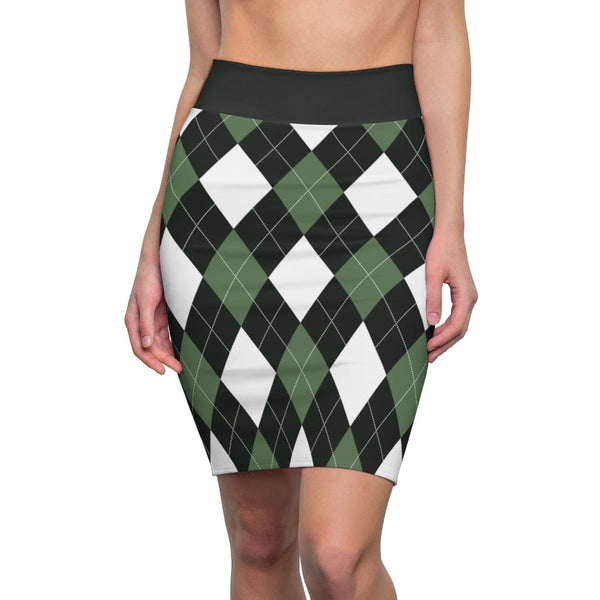 Womens Pencil Skirt - Green and White Argyle Stretch Mini - S510537-0
