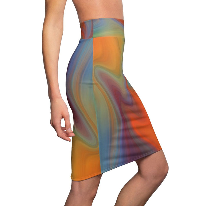 Womens Pencil Skirt - High Waist Stretch - Autumn Orange Swirl-2