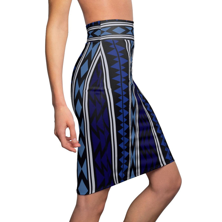 Womens Pencil Skirt - High Waist Stretch - Blue Aztec-2