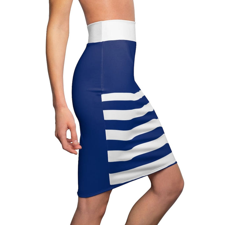 Womens Pencil Skirt - High Waist Stretch Blue/white Stripes-2