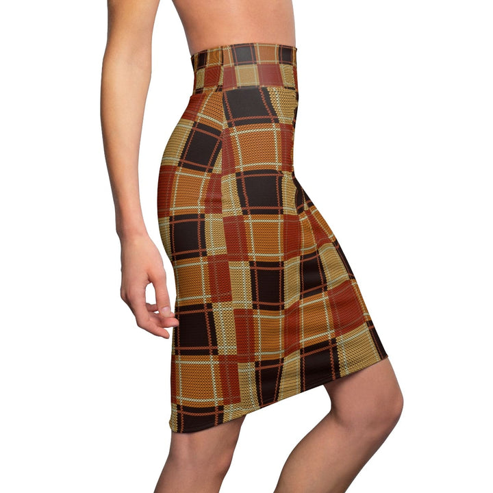 Womens Pencil Skirt - High Waist Stretch - Checker Brown-2