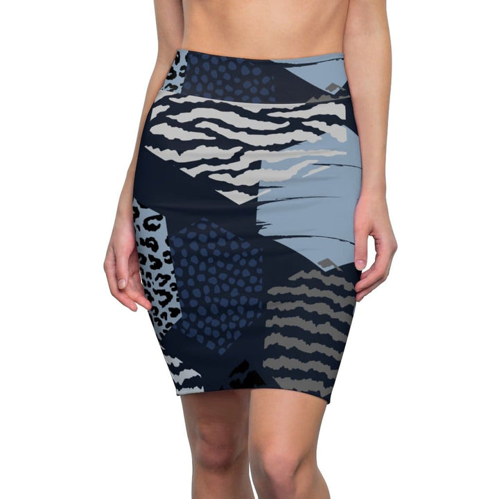 Womens Pencil Skirt - High Waist Stretch - Geometric Blue-0