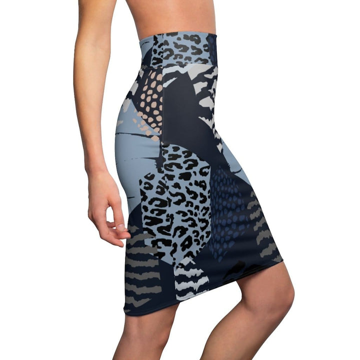 Womens Pencil Skirt - High Waist Stretch - Geometric Blue-2