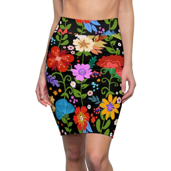 Womens Pencil Skirt - High Waist Stretch - Multicolor Floral Print - Black-0