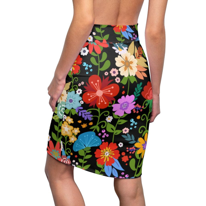 Womens Pencil Skirt - High Waist Stretch - Multicolor Floral Print - Black-1