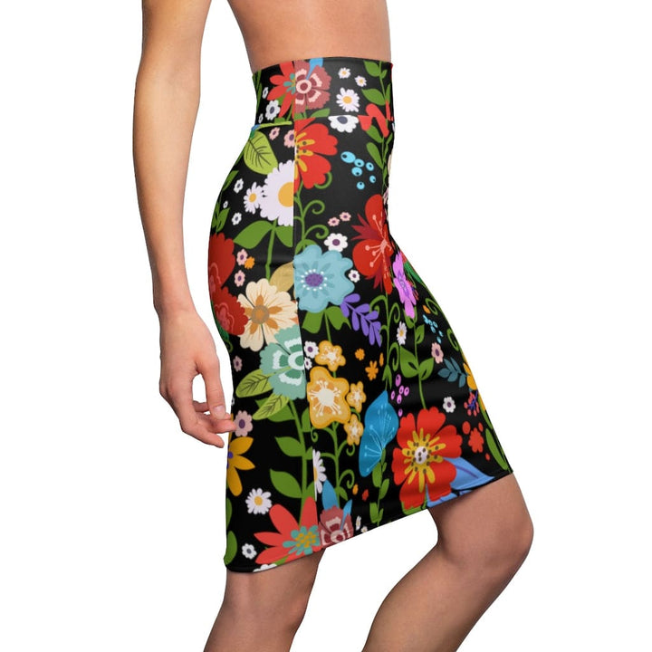 Womens Pencil Skirt - High Waist Stretch - Multicolor Floral Print - Black-2