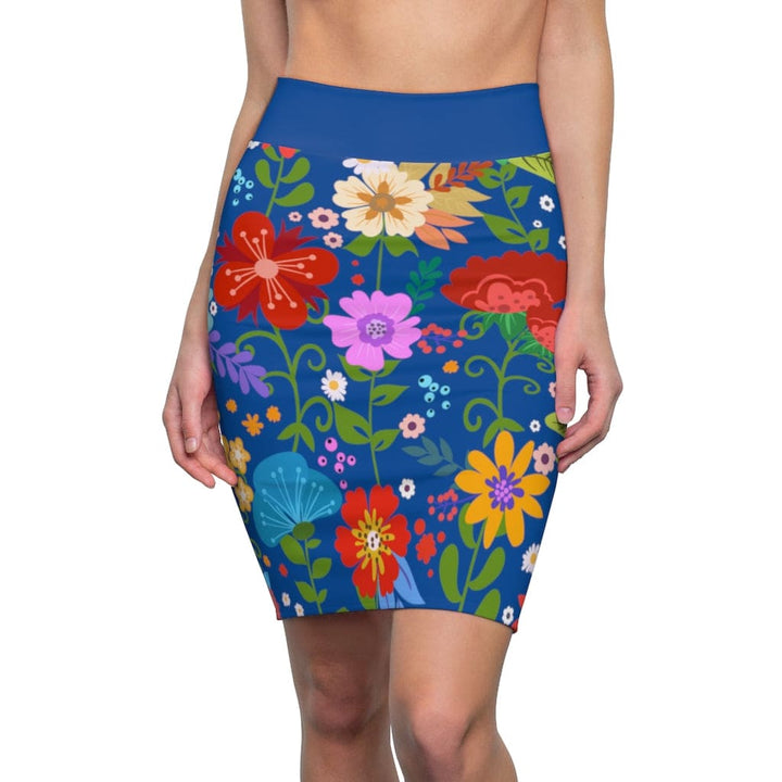 Womens Pencil Skirt - High Waist Stretch - Multicolor Floral Print - Blue-0