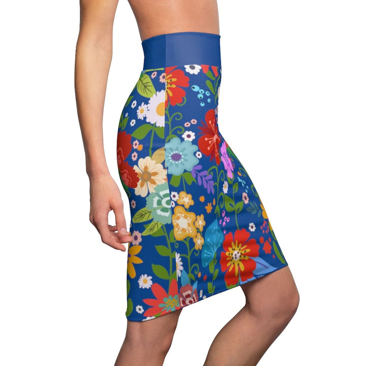 Womens Pencil Skirt - High Waist Stretch - Multicolor Floral Print - Blue-2