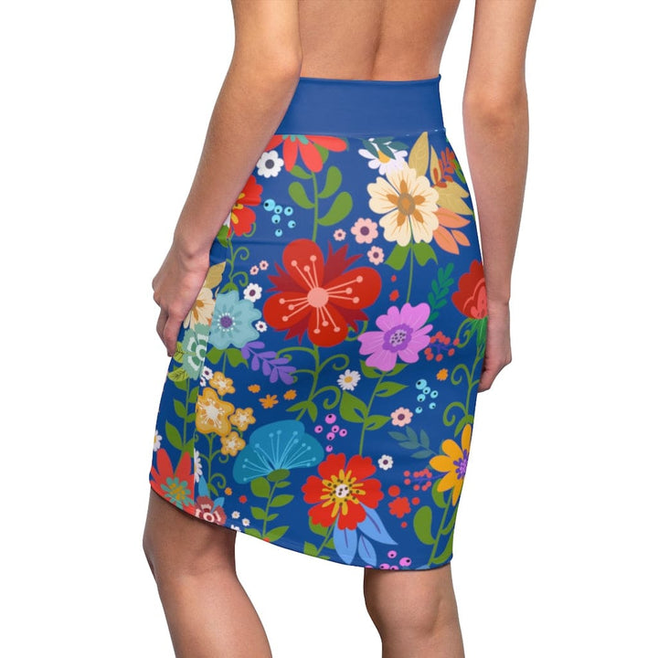 Womens Pencil Skirt - High Waist Stretch - Multicolor Floral Print - Blue-1