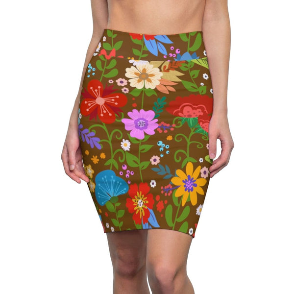 Womens Pencil Skirt - High Waist Stretch - Multicolor Floral Print - Brown-0
