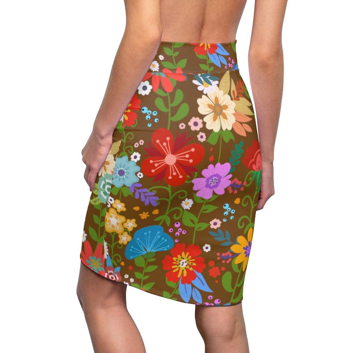 Womens Pencil Skirt - High Waist Stretch - Multicolor Floral Print - Brown-1
