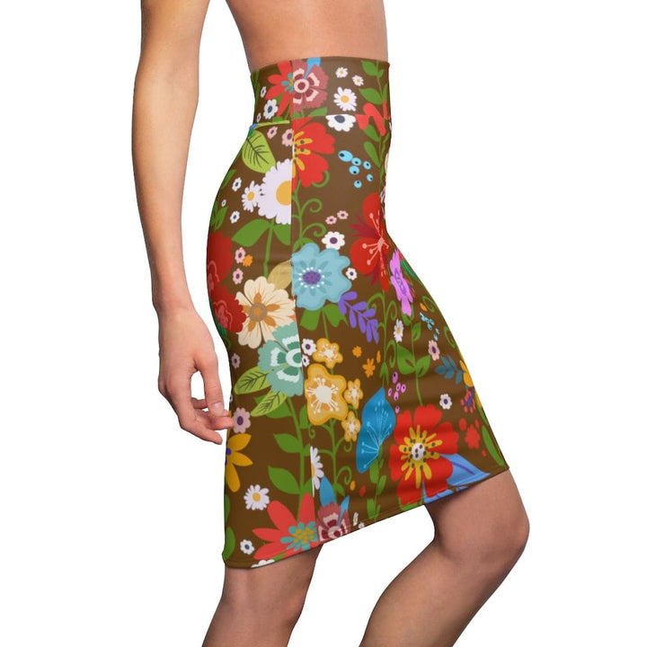 Womens Pencil Skirt - High Waist Stretch - Multicolor Floral Print - Brown-2