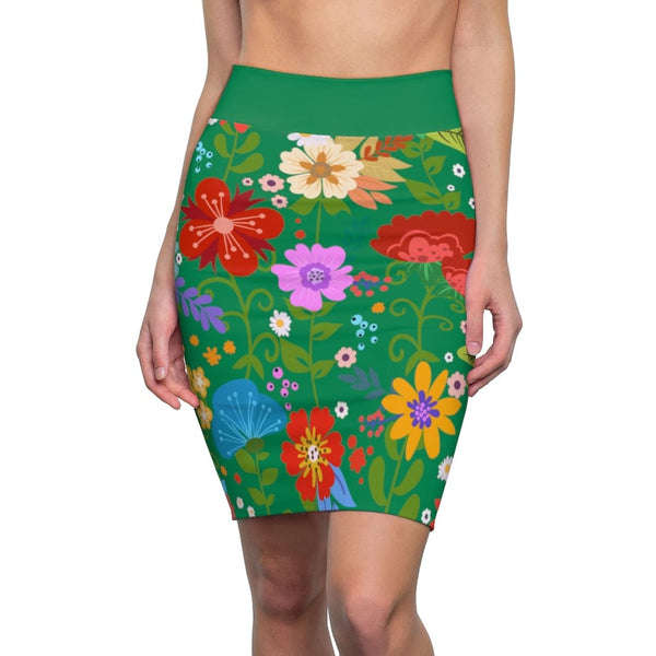 Womens Pencil Skirt - High Waist Stretch - Multicolor Floral Print - Green-0