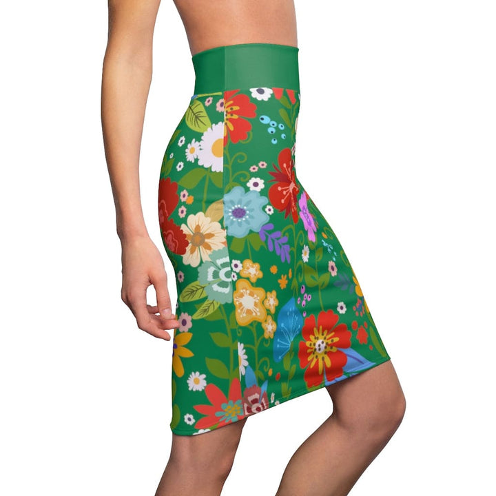Womens Pencil Skirt - High Waist Stretch - Multicolor Floral Print - Green-2