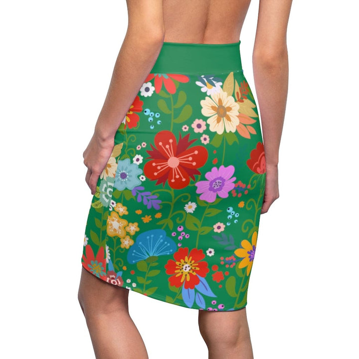 Womens Pencil Skirt - High Waist Stretch - Multicolor Floral Print - Green-1