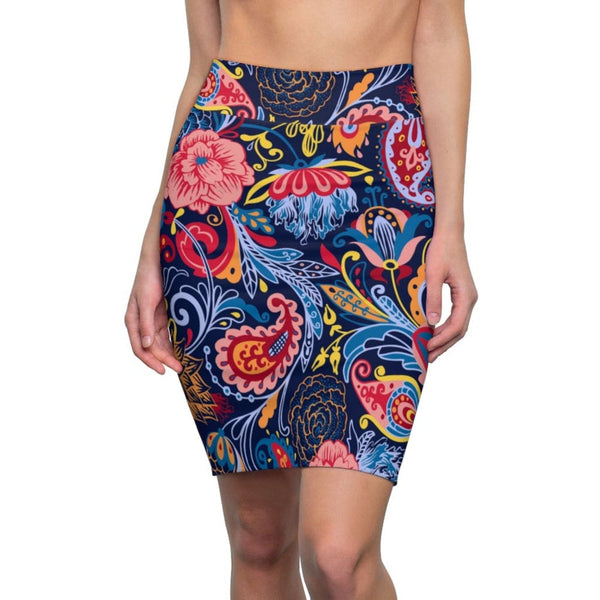 Womens Pencil Skirt - High Waist Stretch - Multicolor Floral Print S19337-0