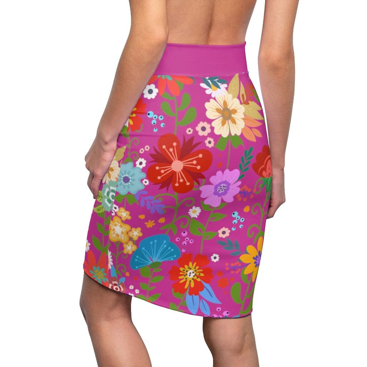 Womens Pencil Skirt - High Waist Stretch - Multicolor Floral Print - Pink-1